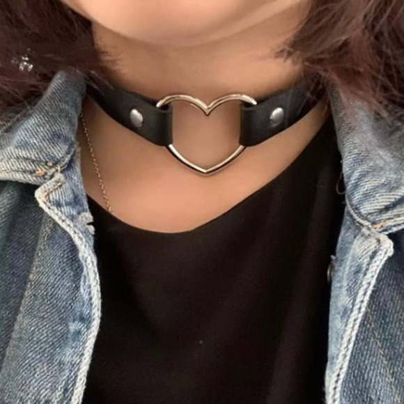 No brand Jewelry Silver Heart Faux Leather Choker Necklace Punk